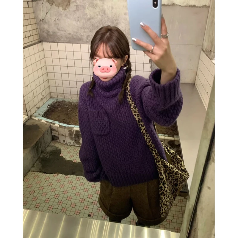 Vintage Turtleneck Sweater Women Harajuku Long Sleeve Knitted Pullovers Winter Aesthetic Pocket Knitwear Korean Casual Jumpers