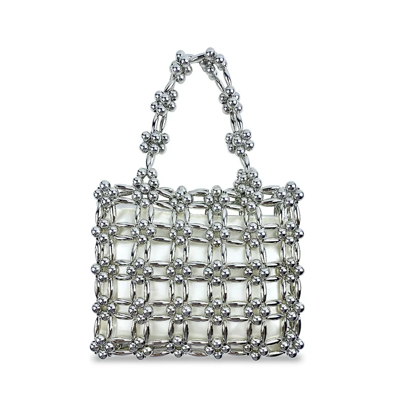 SHINE High Sense Small Square Bead Bag 2024 Sweet Flower Hollow Out Pearl Beaded Cosmetic Bag Female Beach Tote Handbags