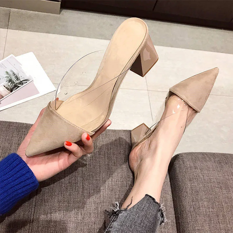 2023 New Arrival Summer Women's Pointy High Heels Half Support Transparent Fashion Thick Heel Sandals Root Women's Shoes