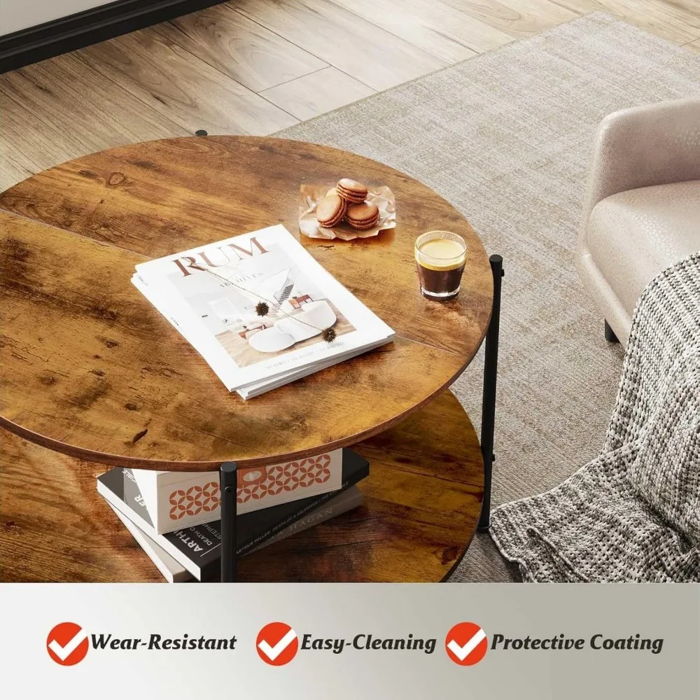 Round Coffee Table,  Small Coffee Table with Open Storage Shelf, Industrial Circle Wood Center Table for Living Room