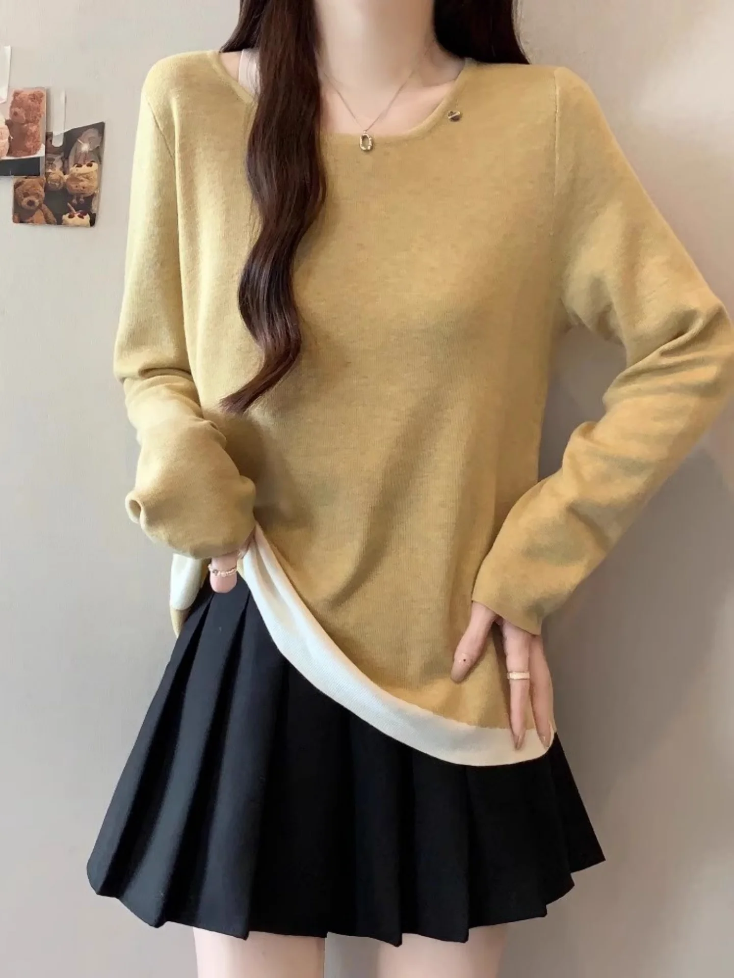 

Женский вязаный базовый топ с длинными рукавами, осенне-зимний, больших размеров, модный дизайн с вставками, удобный крой, в корейском стиле