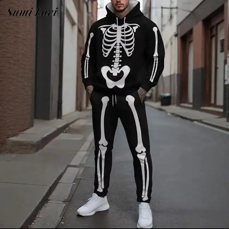Fashion Outfits Pattern Print Mens Two Piece Sets Autumn Male Daily Outdoor Streetwear Vintage Hoodie Sweatshirt And Pants Suits