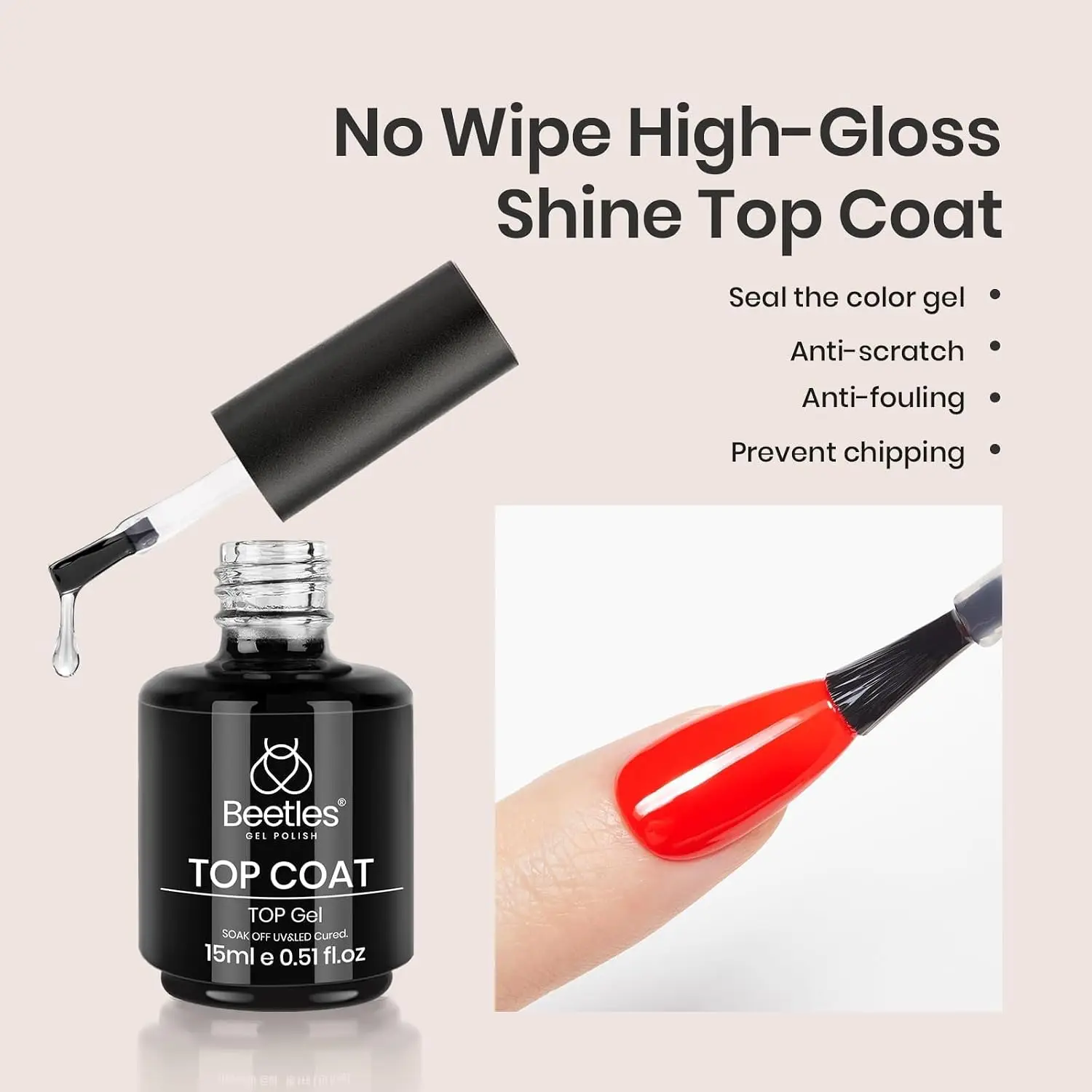Beetles 2 Pcs 15ml No Wipe Gel Base and Top Coat Set, Long Lasting Soak Off UV LED Shine Finish for Nail Art Manicure at Home