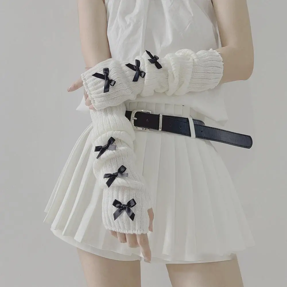 PUNK Lolita Bowknot แขนอุ่นญี่ปุ่น Harajuke Gothic แขน Y2K หวานถักแขนยาว Fingerless Mittens สําหรับผู้หญิง