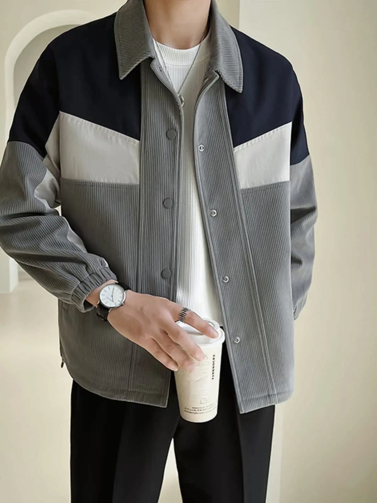 Spring Autumn New Style Korean Version Fashion Color Block Corduroy Jacket Men Loose Collar Casual Autumn Top Splicing Jacket