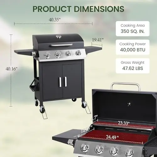 4-Burner Propane Gas BBQ Grill, Upgraded 40,000 BTU Stainless Steel Barbecue Grill with Foldable Side Tables, Spice