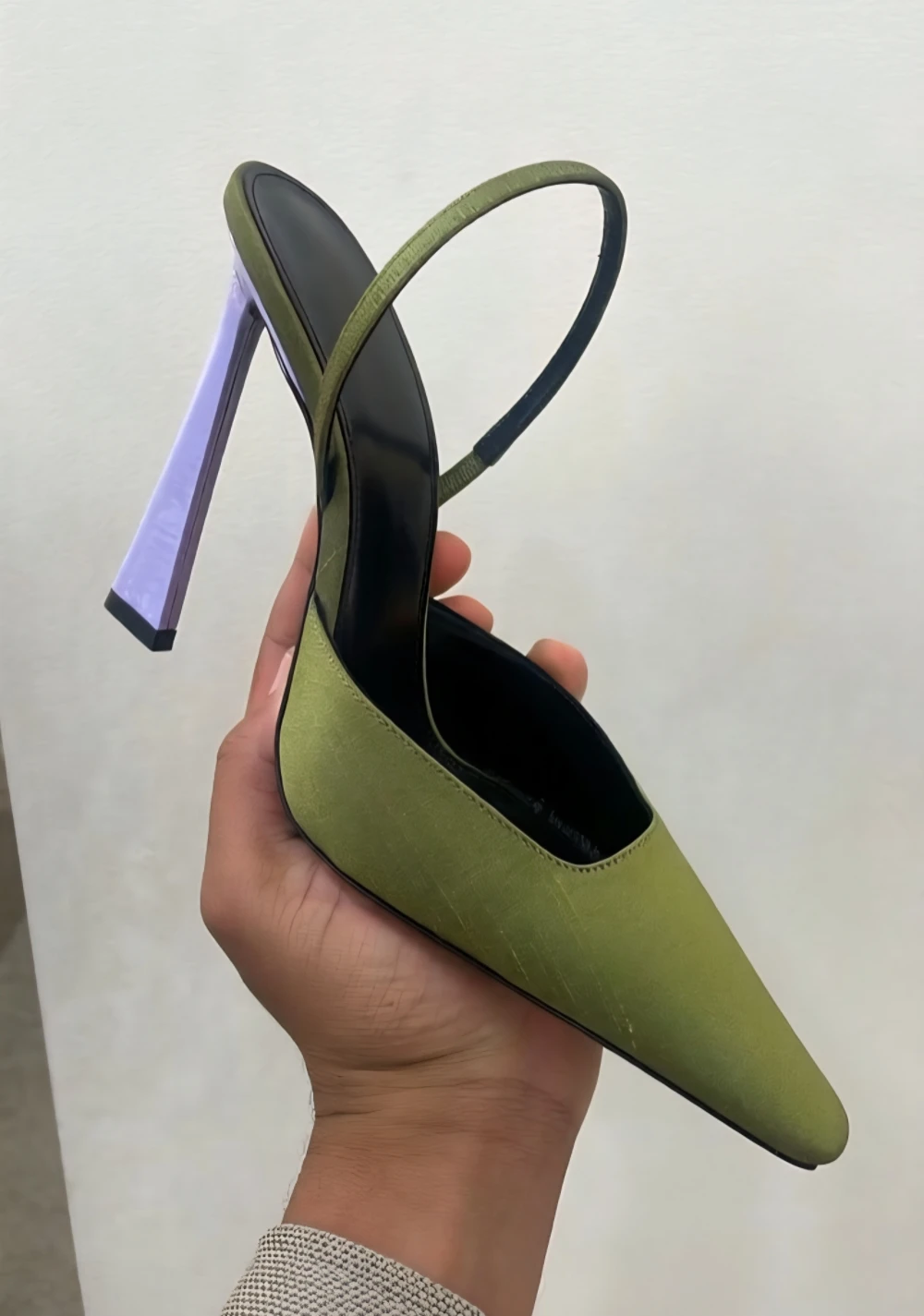 

New Lady Minimalist Style Satin Slingback Heel Pointed-Toe High Heels Elegant Green Upper Purple Stiletto Heel Contrast Design