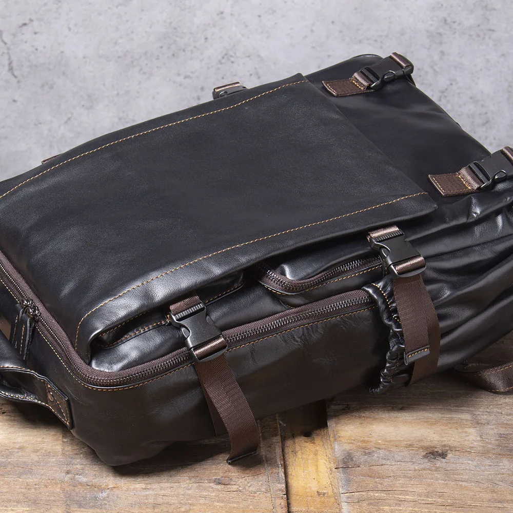 S.WORKER Lässiger Herrenrucksack aus echtem Leder, große Kapazität, 15" Laptop-Reisetasche, Schulrucksack aus Rindsleder, modische Wochenendtasche – Detail 9