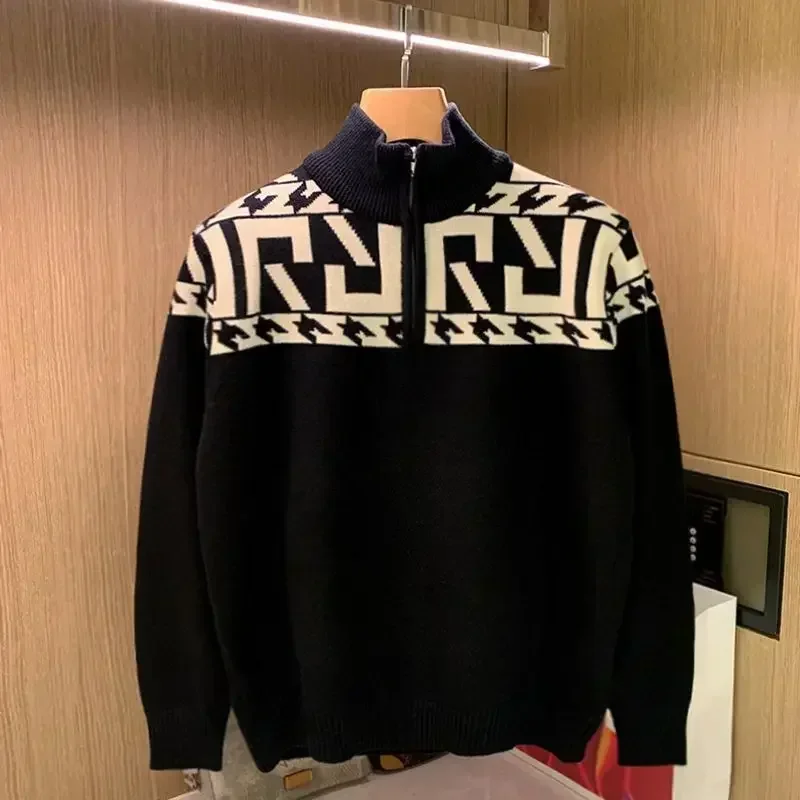 Men's Clothing Zip-up Knit Sweater Male Aesthetic Pullovers Collared Graphic Zipper Spring Autumn Casual Loose Fit A Classic X V