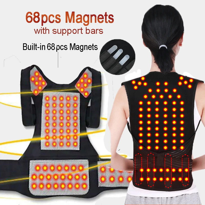 68pcs Tourmaline Self-heating Back Posture Corrector Magnetic Hot Corset Waist Vest Shoulder Lumbar Back Belt Pain Relief Care