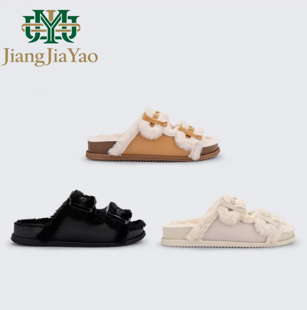 New Women's Slippers Autumn Winter Color-blocking Thick Soled Boken Slippers Ladies' Plush Double Button Plush Shoes 36-40