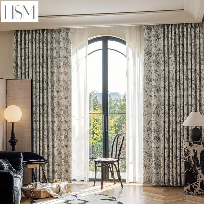 

French Ink Plant Texture Curtains For Living Room Cyclic Versatile High-end Window Curtains Home Decoration Hanging Blackout
