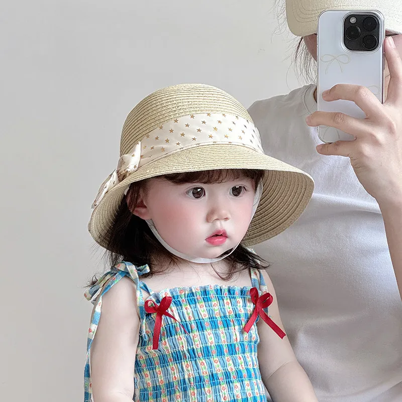 Sommerlicher Strohhut mit süßer Schleife, große Krempe, UV-Schutz, Sonnenhut für Babys, Mädchen, Kinder, Strand, Outdoor, Alltagskleidung – Detail 5