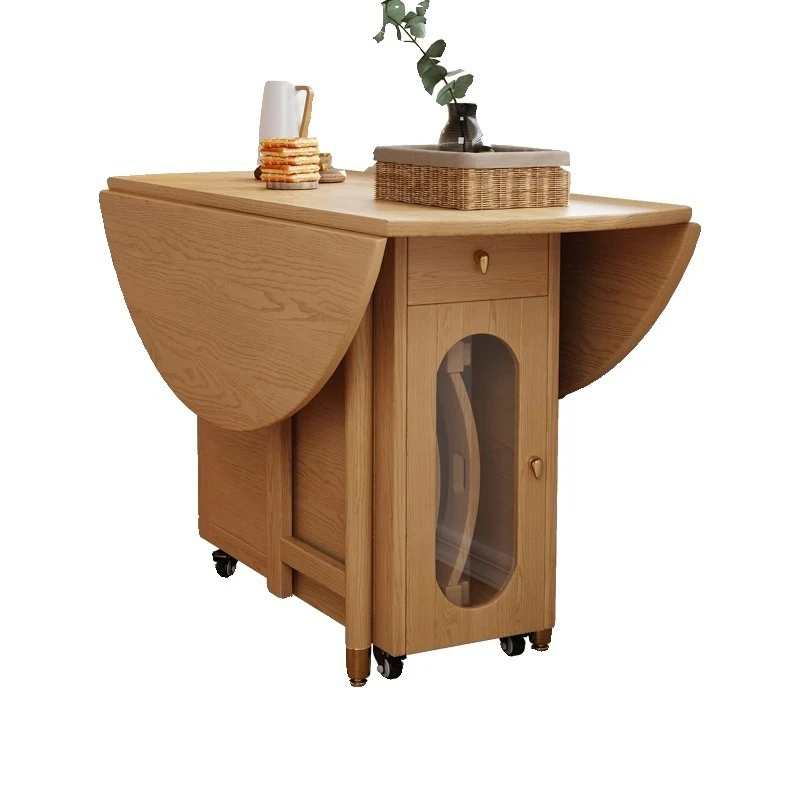 

Solid wood folding dining Small apartment with storage cabinet Movable table becomes round table