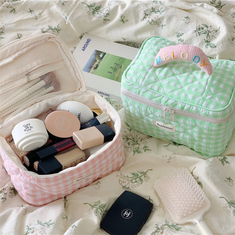 New Cosmetics Storage Bag Korean Ins Plaid Makeup Bag Large Capacity Japanese Cute Style Portable Washing Bags