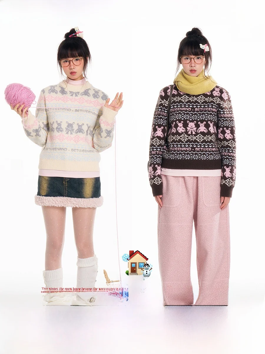 

BENAND Retro Two-Tone Women's Knitwear Thiened Nordic Sle Winter Sweater Loose Fit Long Sve round Ne Top