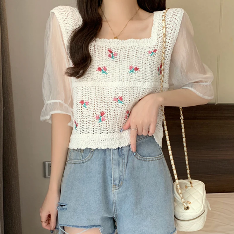 Embroidery Floral Crochet Knit Top with Chiffon Sleeve Square Neck Open-knit Blouse Top Women Spring Summer Fairycore Outfit