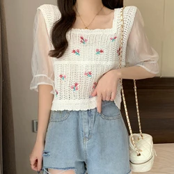 Embroidery Floral Crochet Knit Top with Chiffon Sleeve Square Neck Open-knit Blouse Top Women Spring Summer Fairycore Outfit