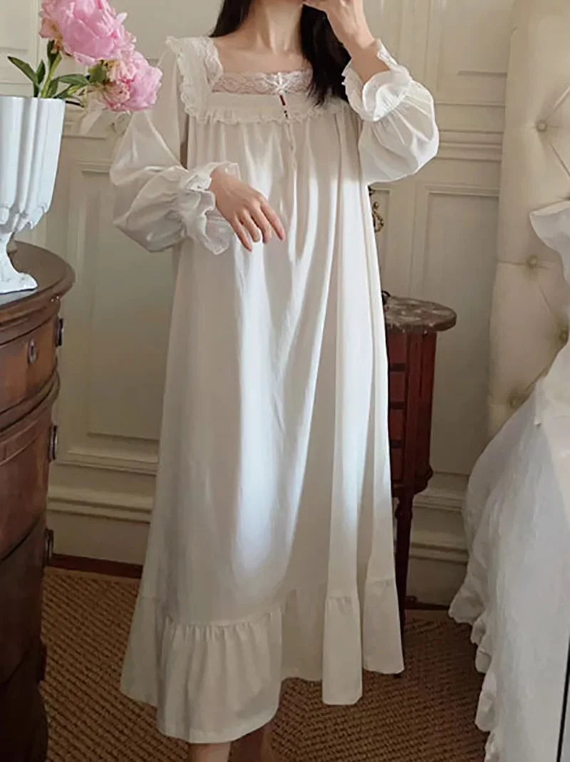 Women Pure Cotton Ruffles Vintage Nightgowns Robe Long Dress Fairy Victorian Romantic Princess Sleepwear Nightdress Homewear