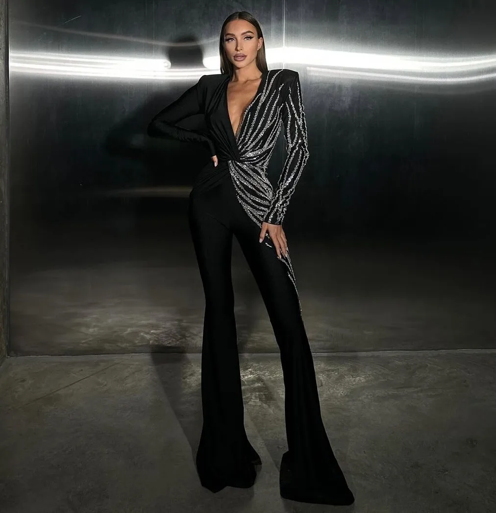 2024 Luxury Designer Women Black Jumpsuits Party Dress Long Sleeve V Neck Diamonds Patchwork Flare Pants Celebrity Evening Cloth