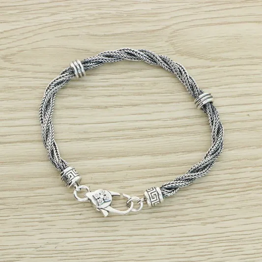 S925 sterling silver retro vintage vintage diamond pestle fox tail Chopin bracelet simple and fashionable versatile couple brace