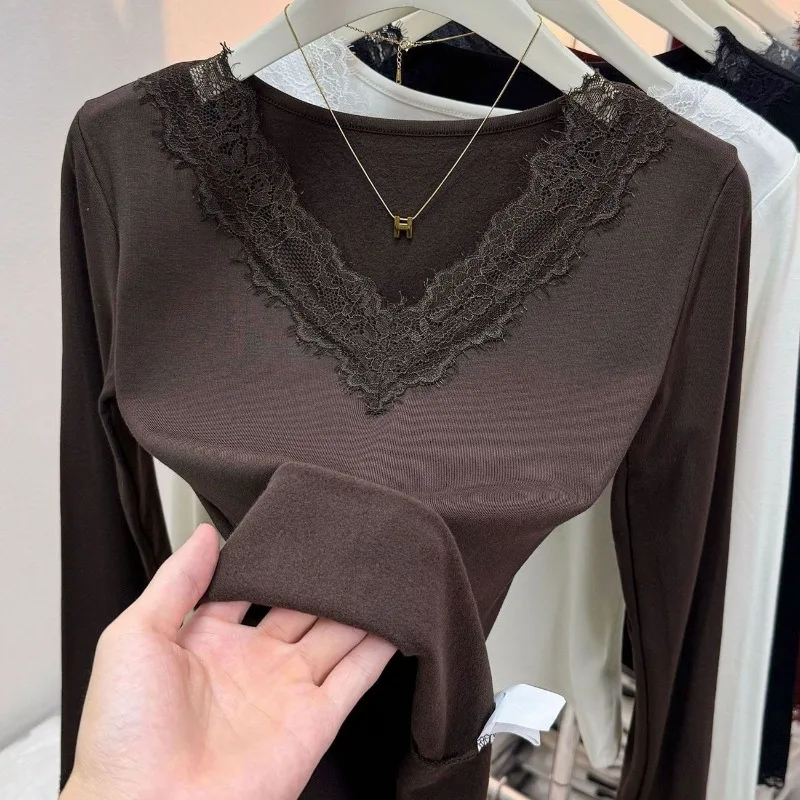 Women V Neck Thermal Top Lace Trim Long Sleeve Undershirt For Curvy Figure