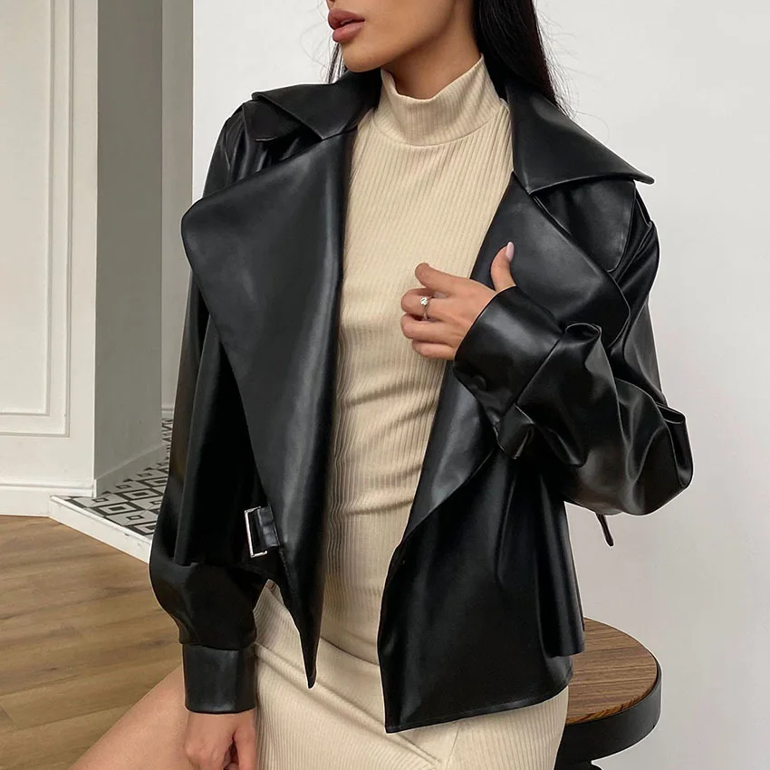 ヴィンテージアメリカンバイカージャケット女性フェイクレザーコート冬暖かいスリムフィット大きな襟スタイリッシュ