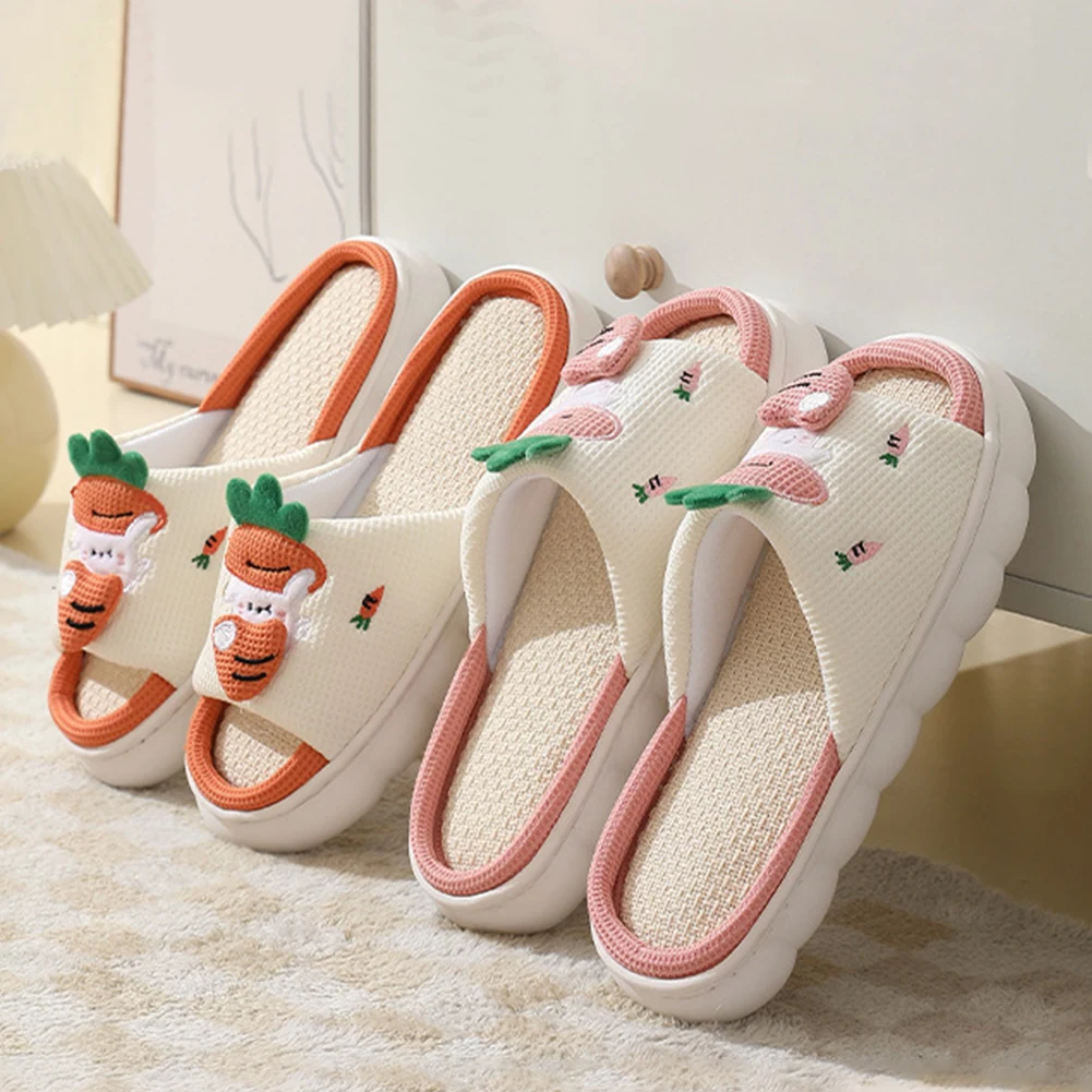 Cartoon Slippers Anti Slip Indoor Linen Slippers Comfortable Soft Cute Carrot Pattern Slippers Indoor Outdoor Women's Slippers