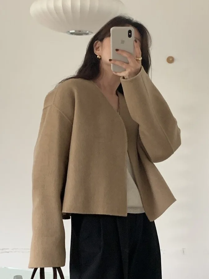 

Chic Vintage Women's Woolen Coat Lapel Long Sve ort Length Buttonl Loose Fit Winter Top Faion Commute Sle