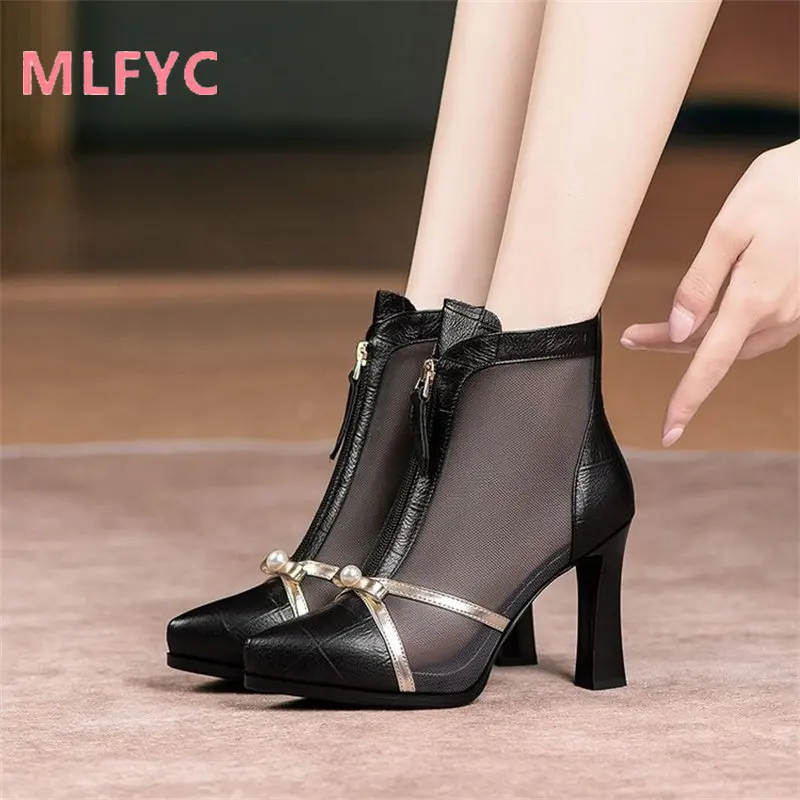 Waterproof Platform Sandals Women\'s Spring Summer 2023 New Mesh Shoes female Apricot Hollow Bow High Heels ladies Single Shoes