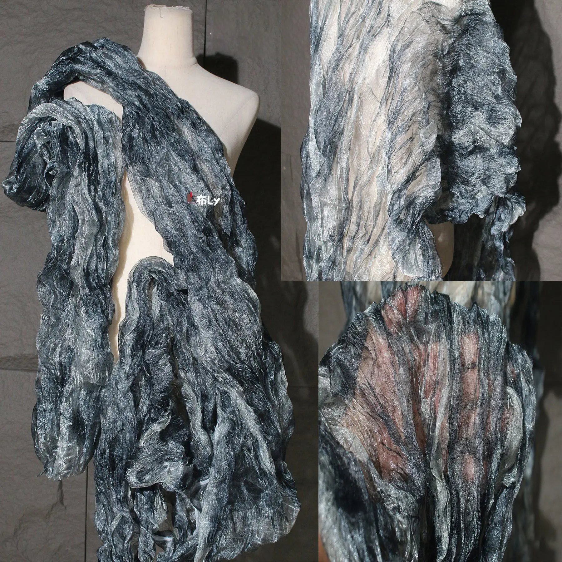 Water ink dyed organza original irregular folding laser gradual change fabric lace fold clothing designer fabric