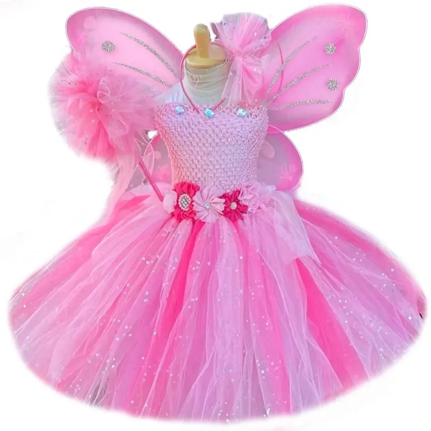 Girls Pink Flower Fairy Dress Kids Glitter Tutu Dresses with Wing and Stick Hairbow Children Birthday Christmas Party Costumes