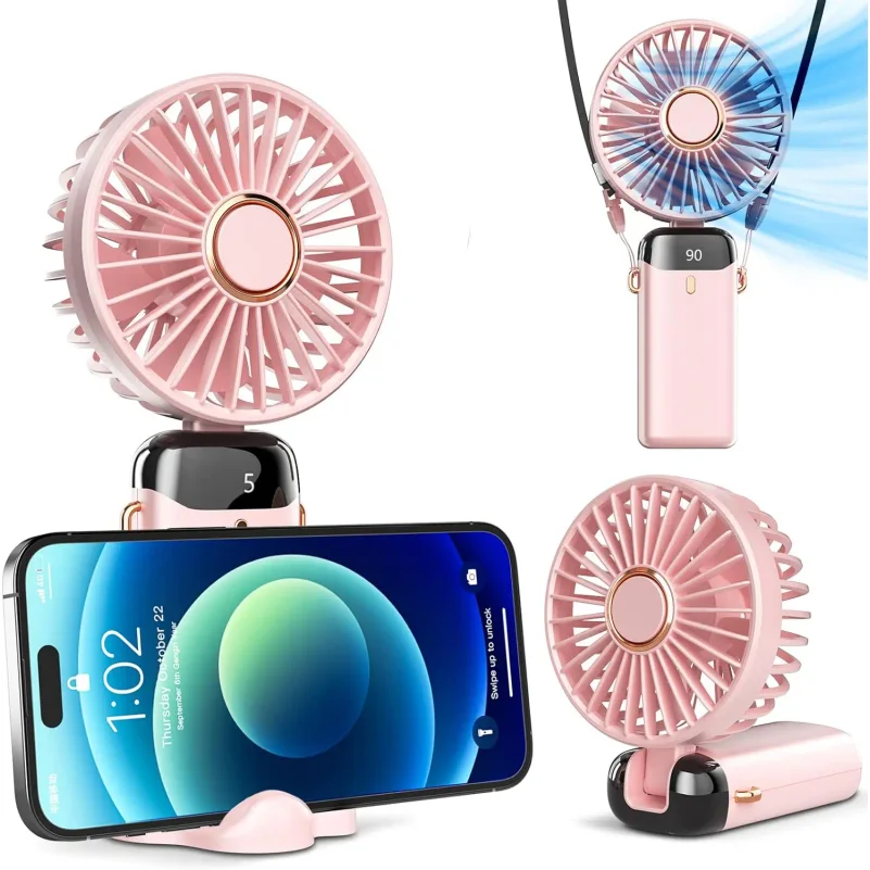 Handheld Mini Fan 3000mAh Foldable Portable Desk Outdoor Neck Hanging 5 Speed USB Rechargeable Fan Phone Stand Display Screen view 2