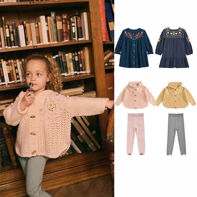 

Детские свитера, осень-зима 2024, платье принцессы для девочек, детский кардиган с цветочной вышивкой, верхняя одежда, бархатное теплое пальто, верхняя одежда