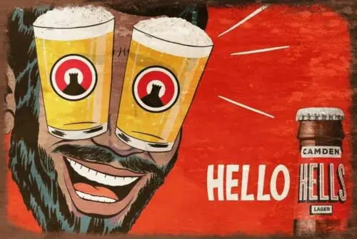 Camden Brewery Hells Beer Advert Vintage Look Retro Style Metal Sign, Bar Pub sign