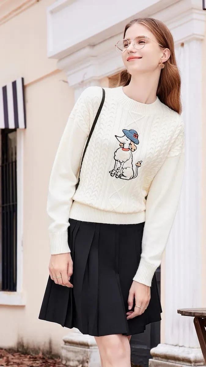 Cartoon Embroidery Knit Sweater Tops Women 2024 Spring Long Sleeve O-neck Pullovers Casual Fashion Loose Ladies Jumpers Knitwear