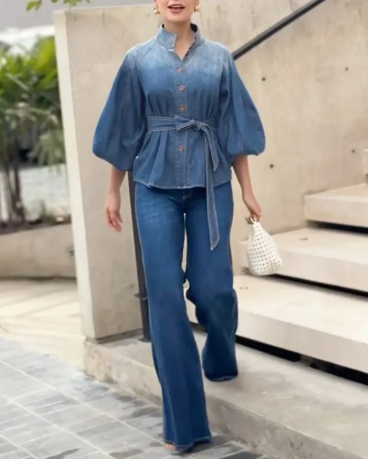 

Women's Elegant Gradient Denim Stand Collar Tied Waist Stand Collar Blouses 2026 New Puff Sleeves Urban Office Work Shirts Tops