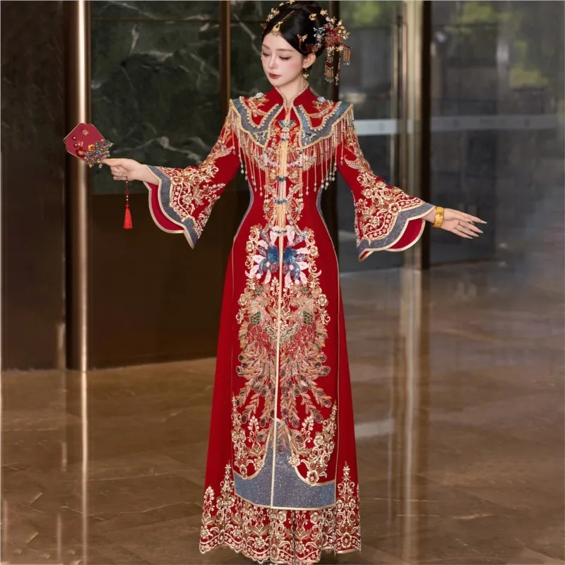

New wedding ceremony wine dress dragon and phoenix gown attire