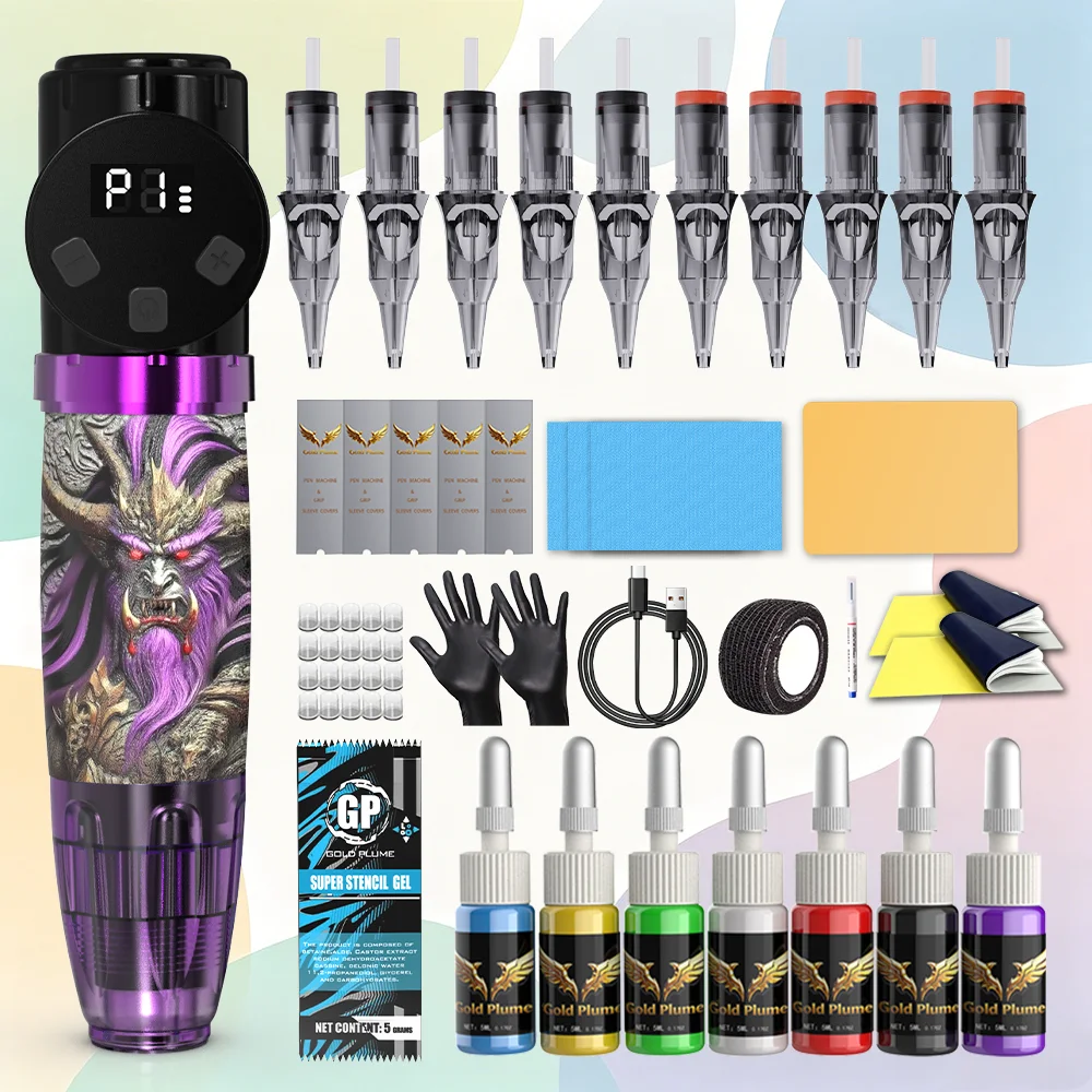 

All In One Wireless Tattoo Gun Set 1100mAh Large Capacity Battery Tattoo Pen With 10 Needles 7 Bottles 5ml Tattoo Ink Full Tattoo Accessories Kit