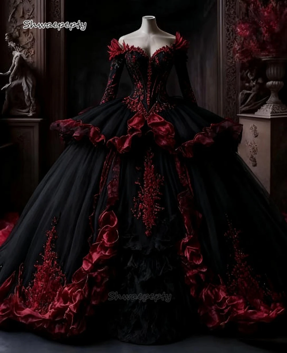 

Готическое черно-бордовое платье для выпускного вечера по индивидуальному заказу, многоуровневое бальное платье с оборками, винтажное викторианское маскарадное платье, костюм на Хэллоуин