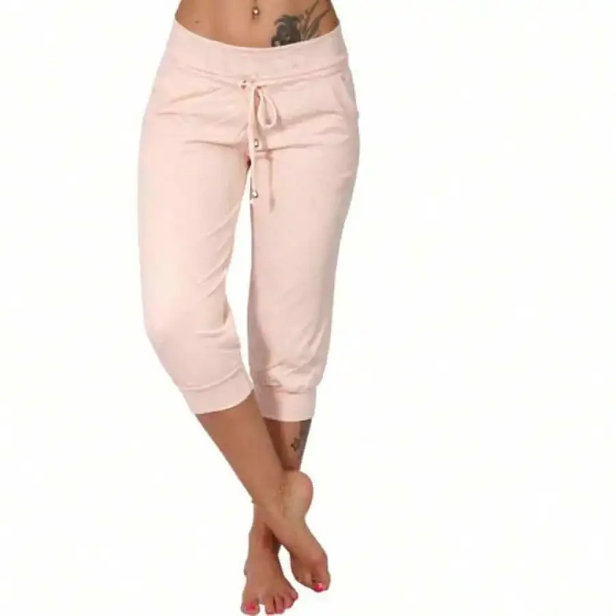 

Solid Color Loose High Waist Drawstring Capri Pants Cotton Linen Women Casual Knee Length Summer Pants