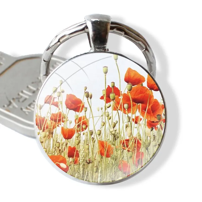 Keychain Glass Cabochon Metal Pendant Classic Men's Women's Keyring Red Poppies cornflowers