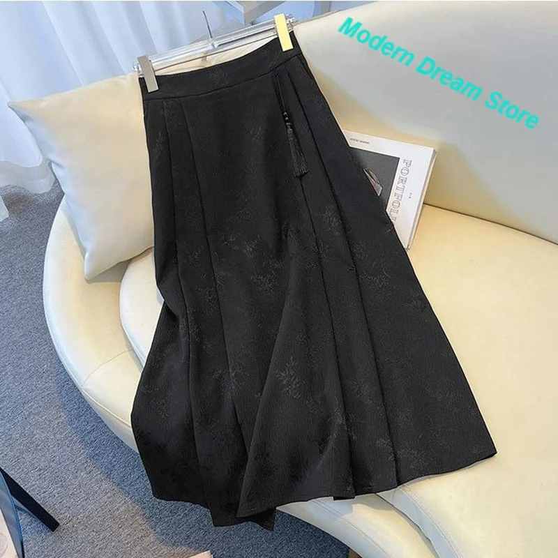 New Chinese Jacquard pleated skirt Women's Spring and Autumn New Fashion National Style High Waist Slim Casual Long Dress