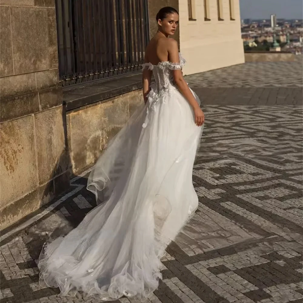 Customized New Sweet Wedding Dress For Woman Bride Flowers Appliques Sleeveless A-Line Tulle Beach Floor-Length Bridal Gown