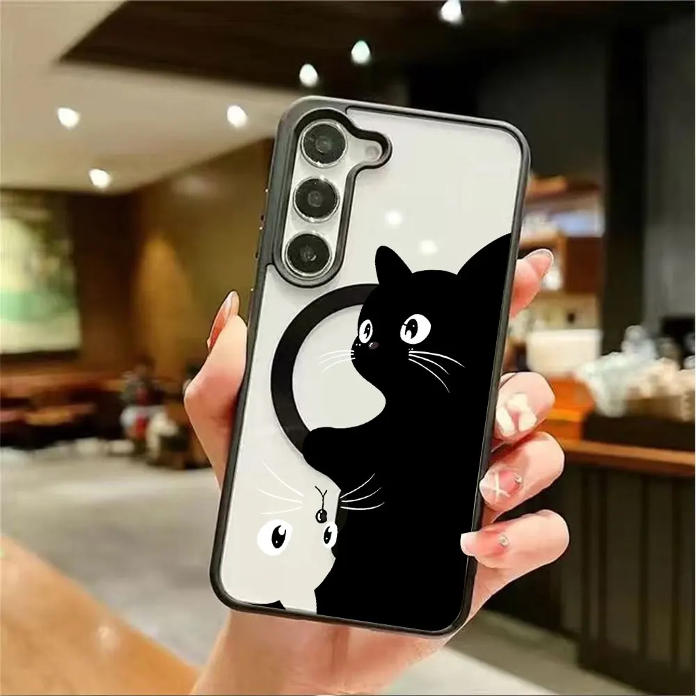 Transparent Magnetic Phone Case For Samsung Galaxy S26 S25 S24 S23 S22 Ultra Plus FE 5G Unique Black And White Cat Pattern Cover