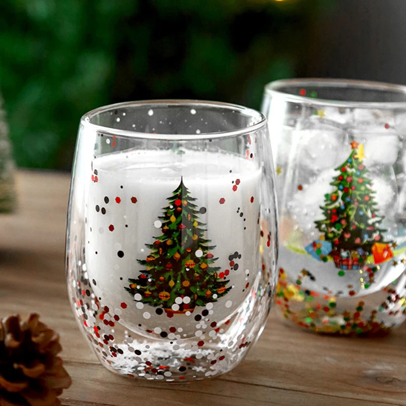 1/2pcs Christmas Double Layers Wall Glass Christmas Tree Sequined Glass Cup Anti-Scalding Gift Cup Milk Coffee Mug Drinkware