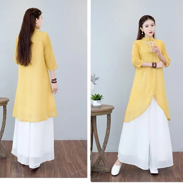Chinese Style Modified Qipao Retro Chinese Style Embroidered Qipao Women Zen Style Tea Loose Dress Cheongsam Robe Chinoise