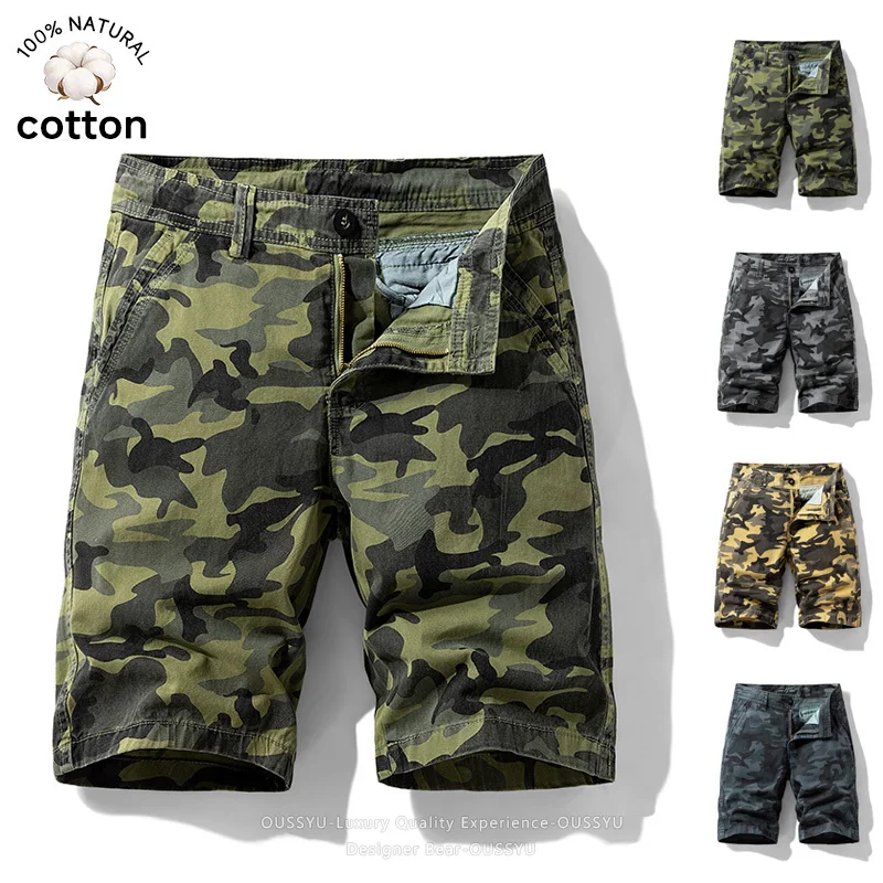 Men's Summer Camo Green Cargo Shorts Baggy Straight 100%Cotton Knee Pants Streetwear Trendy Outdoor Work Wear Khaki Jorts Man