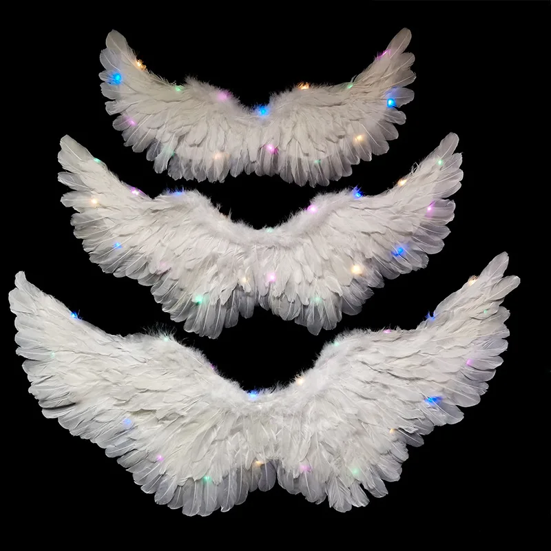 Girls Women LED Luminous Light Up White Angel Feather Wings Girl Cosplay Birthday Glow Party Supplies Halloween Wedding Festival