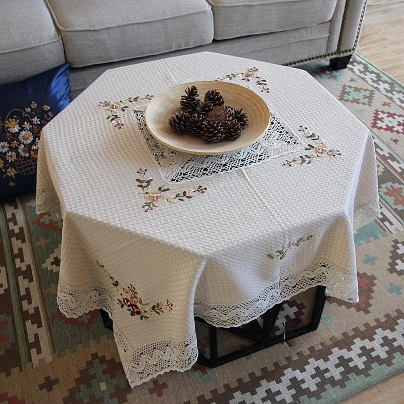 Pure Cotton Handmade Ribbon Embroidered Tablecloth Rectangular Tea Table Towel Square Cover Cloth Country Style Home Fabric